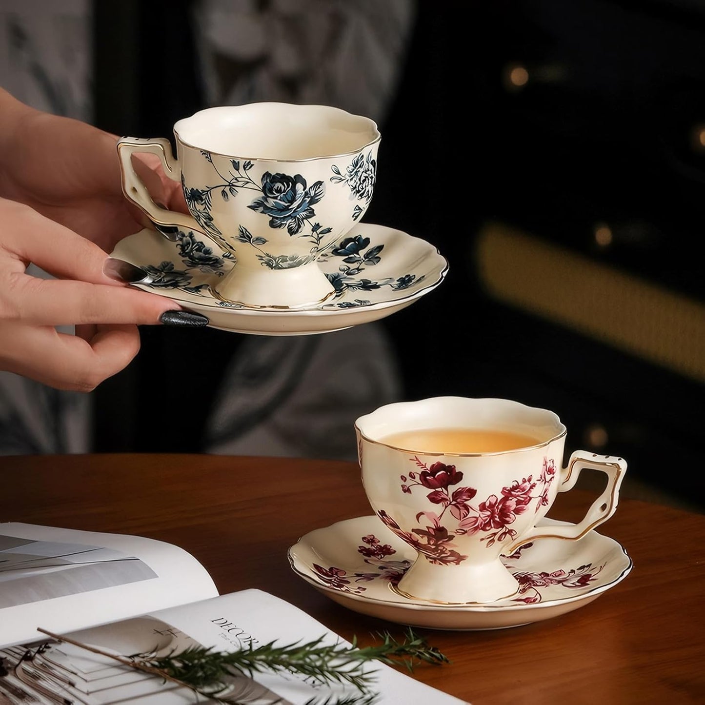 KAMMAK Tea Cups and Saucers Set of 2, Porcelain Coffee Cups, 6.8-Ounce Stackable Espresso Mugs, Ceramic Demitasse for Coffee, Latte, Americano, Tea, Red Orchid