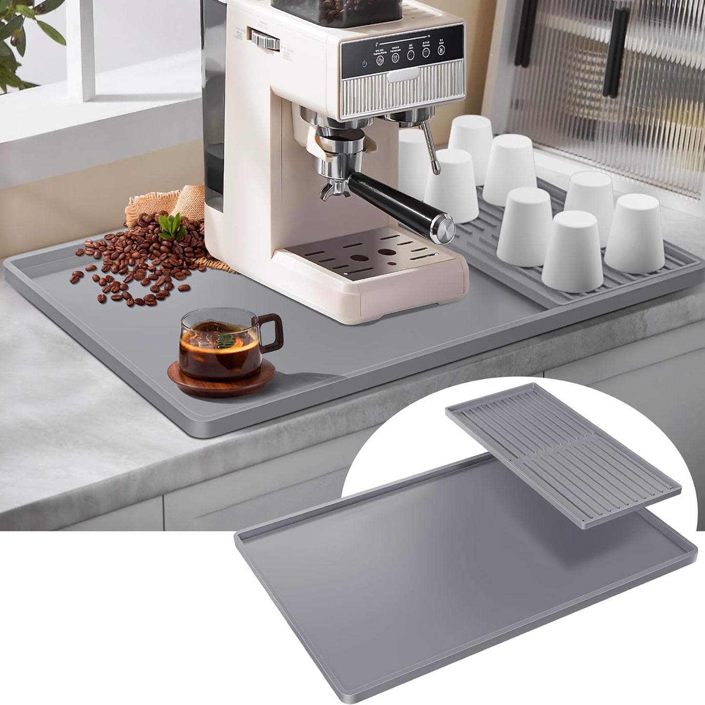 Premium Dish Drying Mat & Removable Coffee Bar Mat - 24x16 Inch Quick-Dry Silicone Mat, Heat/Waterproof Non-Slip Protector for Sink, Espresso Machine, Dishwasher Safe & Cabinets (Gray)