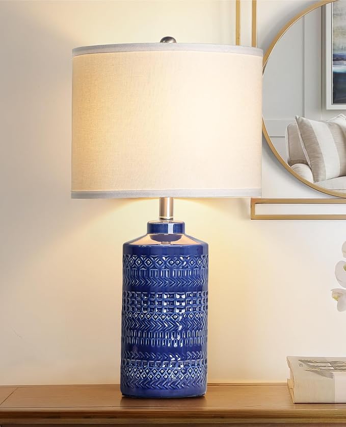 JUNNAI 24.5" Navy Blue Table Lamp Modern Bedside Ceramic Lamps by JUNNAI
