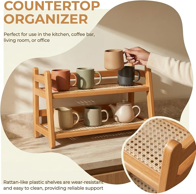 Bamboo 2-Tier Coffee Station Organizer, 14.6"×6.7"×10.6" Countertop Organizer - Image 4