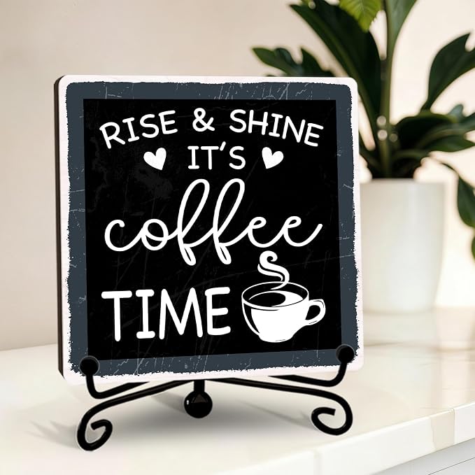 Funny Coffee Bar Decor, Rise & Shine It's Coffee Time Wood Plaque by YQV
