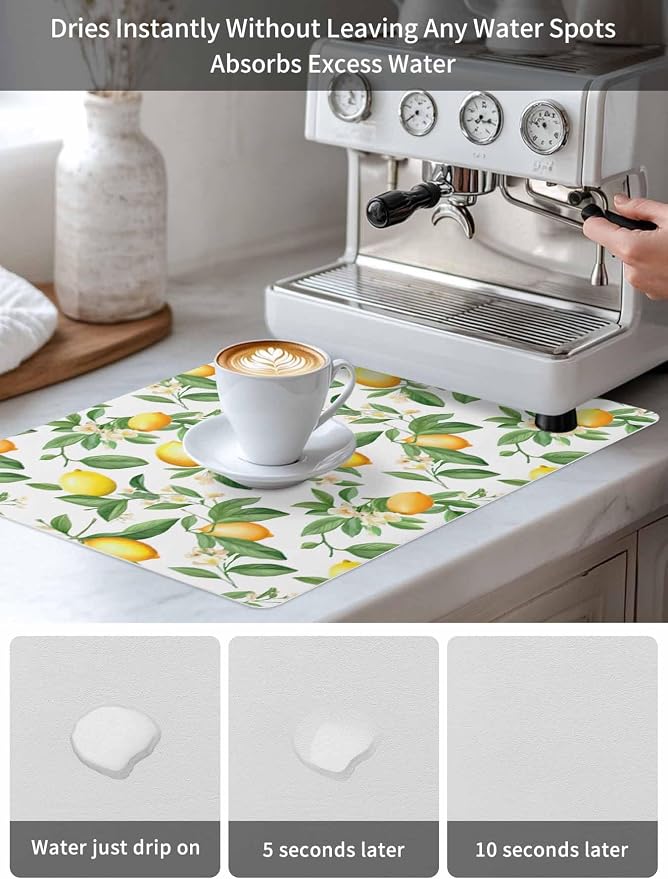 Lemon with Coffee Mat Green Leaves Flowers Absorbent Bar Mat - Image 6