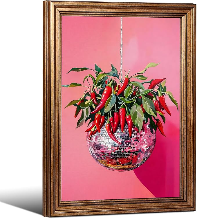 Gold Framed Disco Ball With Red Chili Pepper Wall Art 16x24 inch Funky by Unknown