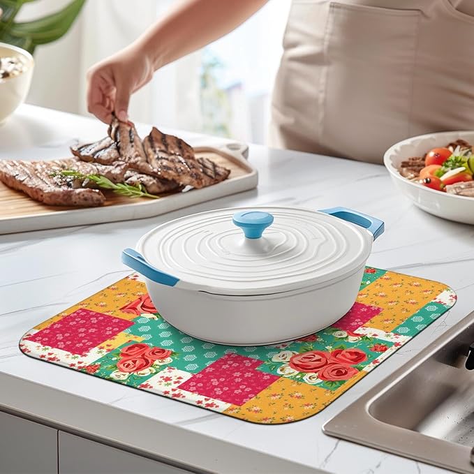 Boho Floral Dish Drying Mat for Kitchen Countertops, Farmhouse Flower - Image 3