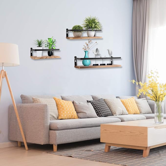 PHUNAYA Floating Shelves Rustic Wood Wall Mounted Shelf Practical Metal Fence - Image 7