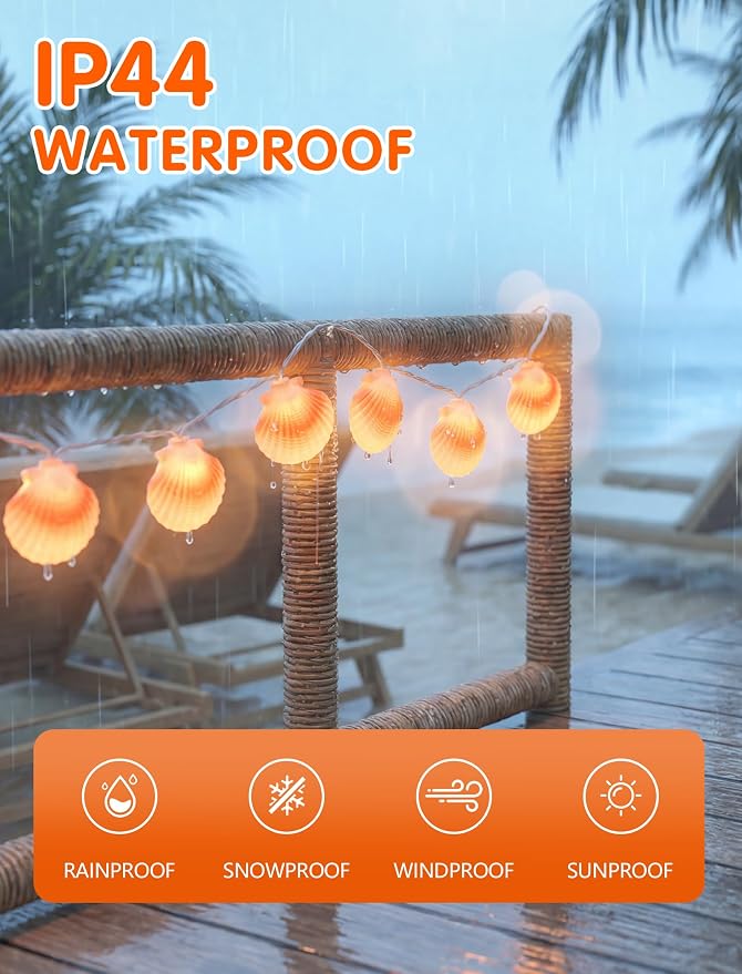 SUNSGNE 8.5FT LED Summer Seashell String Lights, 10 Textured Translucent Shell - Image 4