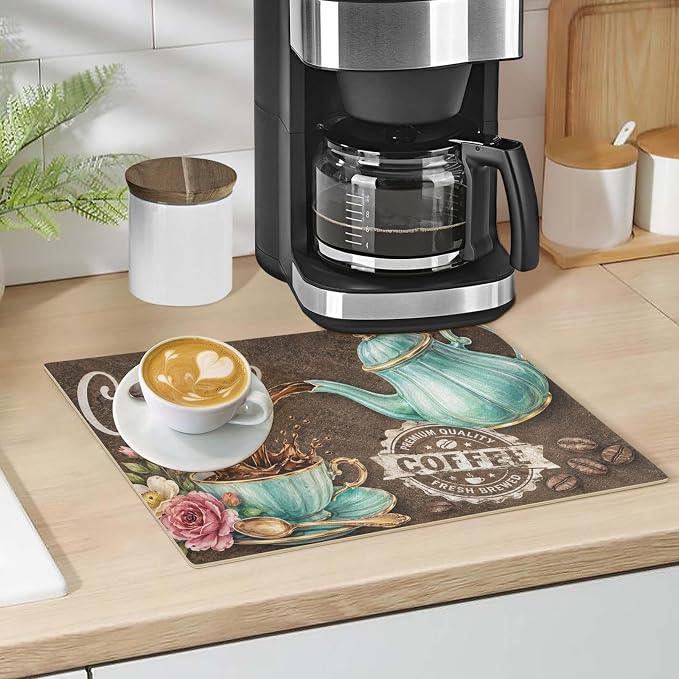Coffee Themed Dish Drying Mat For Kitchen Counter 24 "X16" Absorbent Non-Slip - Image 4
