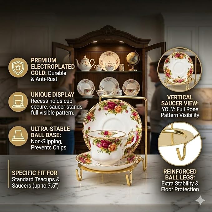 HOHIYA Gold Tea cup and Saucer Display Stand 6 Cup Holder Rack Decorative - Image 2