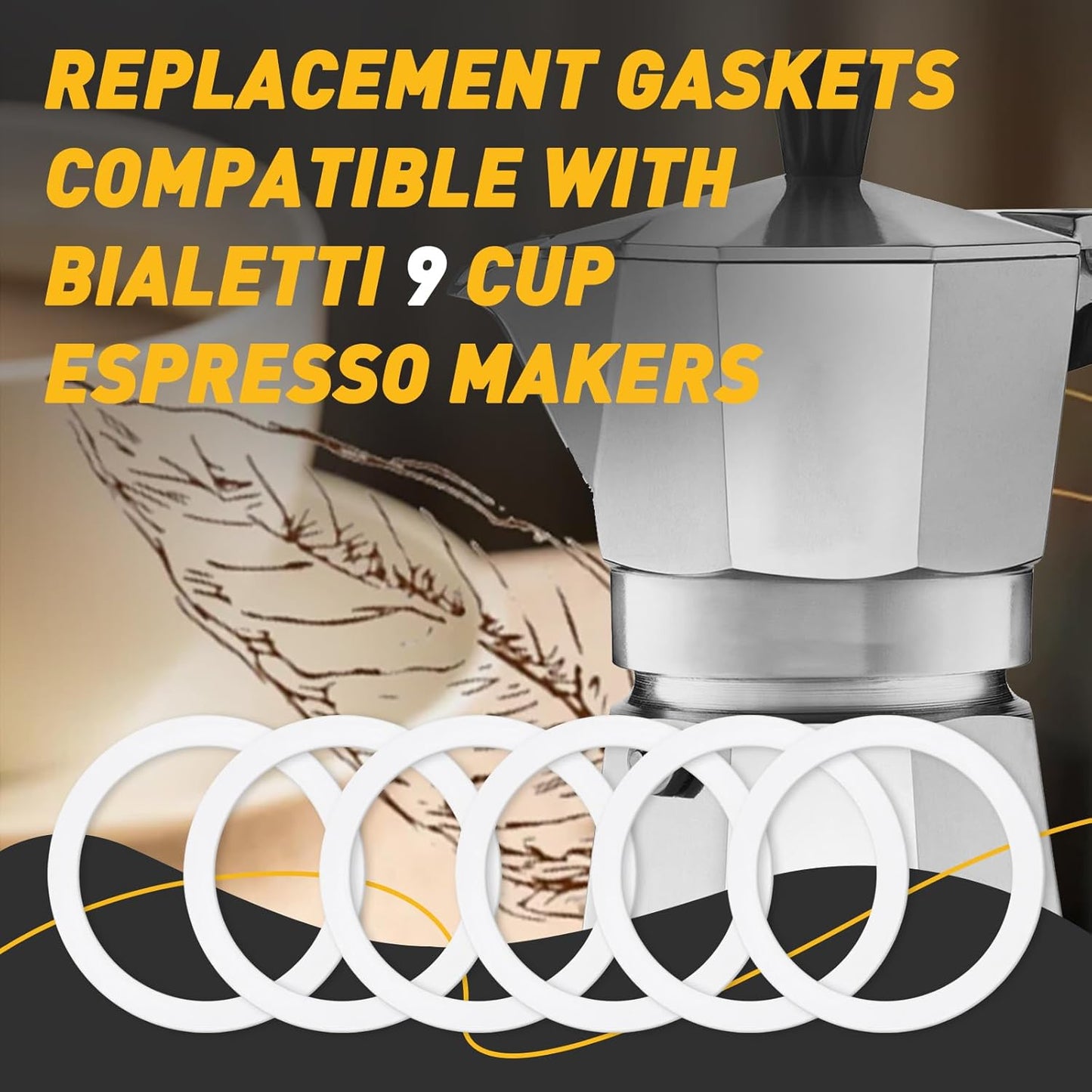 6 Pcs Gasket Seal Rings for Bialetti Moka Express Dama 9 Cups - Spare Food Grade Silicone Sealing Rings for Aluminium Stovetop Coffee Maker Pots