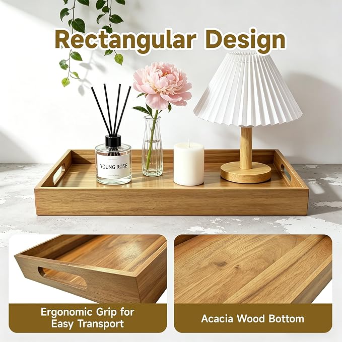 Acacia Wood Serving Tray with Handles, 17 x 12 Inch Large Wooden Tray - Image 5
