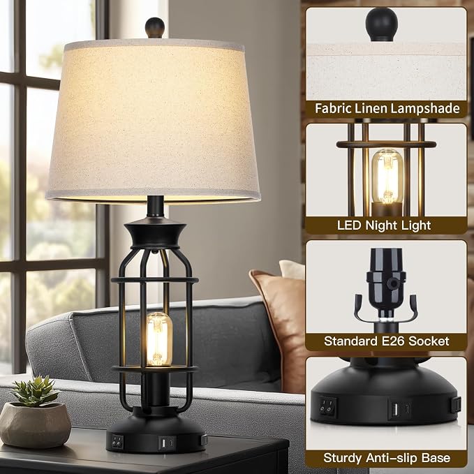28" Vintage Table Lamps with USB C+A Ports & AC Outlet, Industrial Farmhouse - Image 5