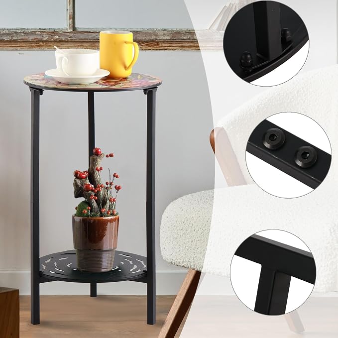 2-Tier Metal Round Side Table Black Accent Coffee Tables Small Space Corner - Image 4