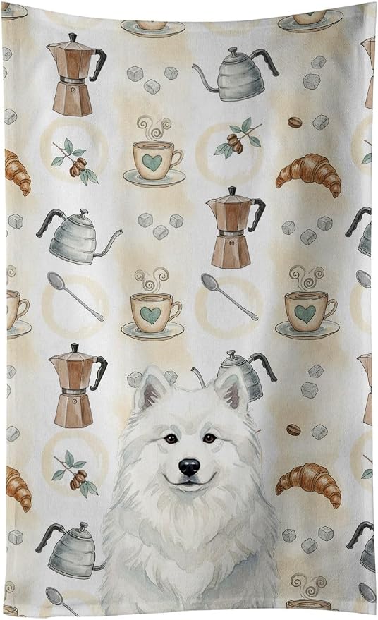 Caroline's Treasures White Samoyed Coffee Bar Kitchen Towel Velour Plush Front by CarolinesTreasures