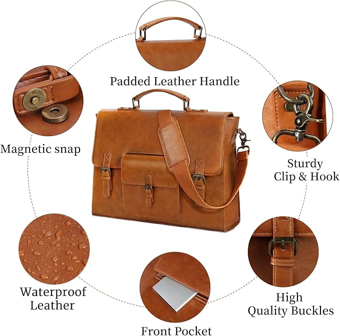 Leather Messenger Bag for Men 15.6 Inch Waterproof Vintage Leather Laptop - Image 5