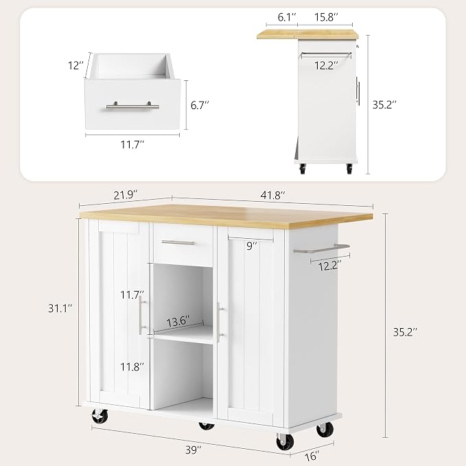 Shintenchi Kitchen Island with Storage, Bar Cart Cabinet Island Table on Wheels - Image 3