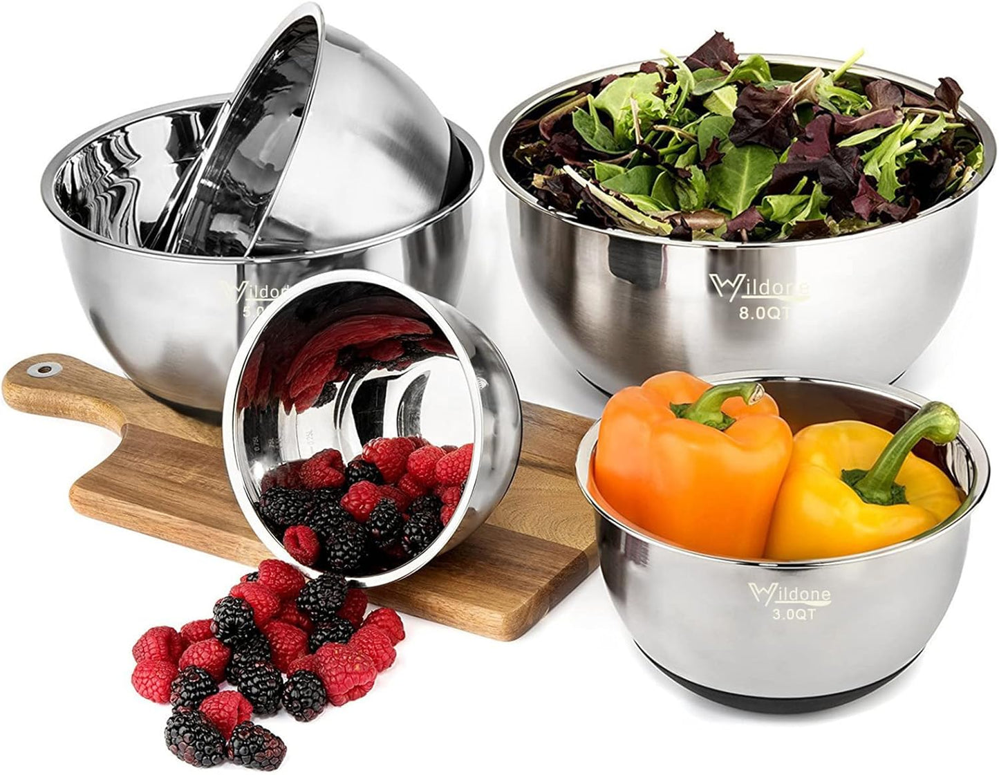Wildone Mixing Bowls with Airtight Lids, Stainless Steel Nesting Mixing Bowls Set of 5, with Non-slip Silicone Bottoms, Size 8, 5, 3, 2, 1.5 QT, Stackable Design, Great for Mixing and Prepping