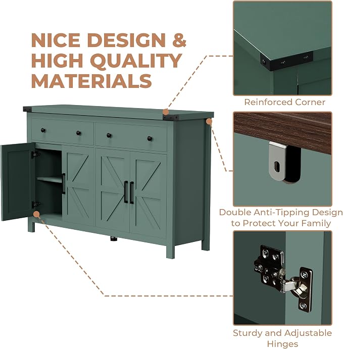 VVFLU Buffet Cabinet with Storage Farmhouse with 4 Doors and 2 Drawers - Image 8
