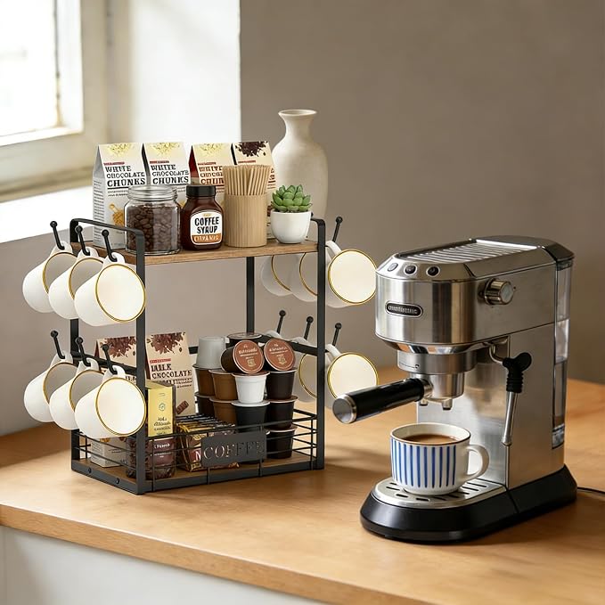 Coffee Mug Rack with 12 Hooks, 2-Tier Coffee Bar Organizer with Shelf & Storage - Image 6