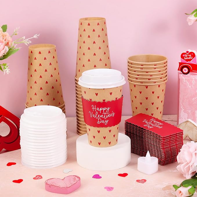 Whaline 50 Pcs 16 Oz Happy Valentine' s Day Disposable Coffee Cups - Image 4