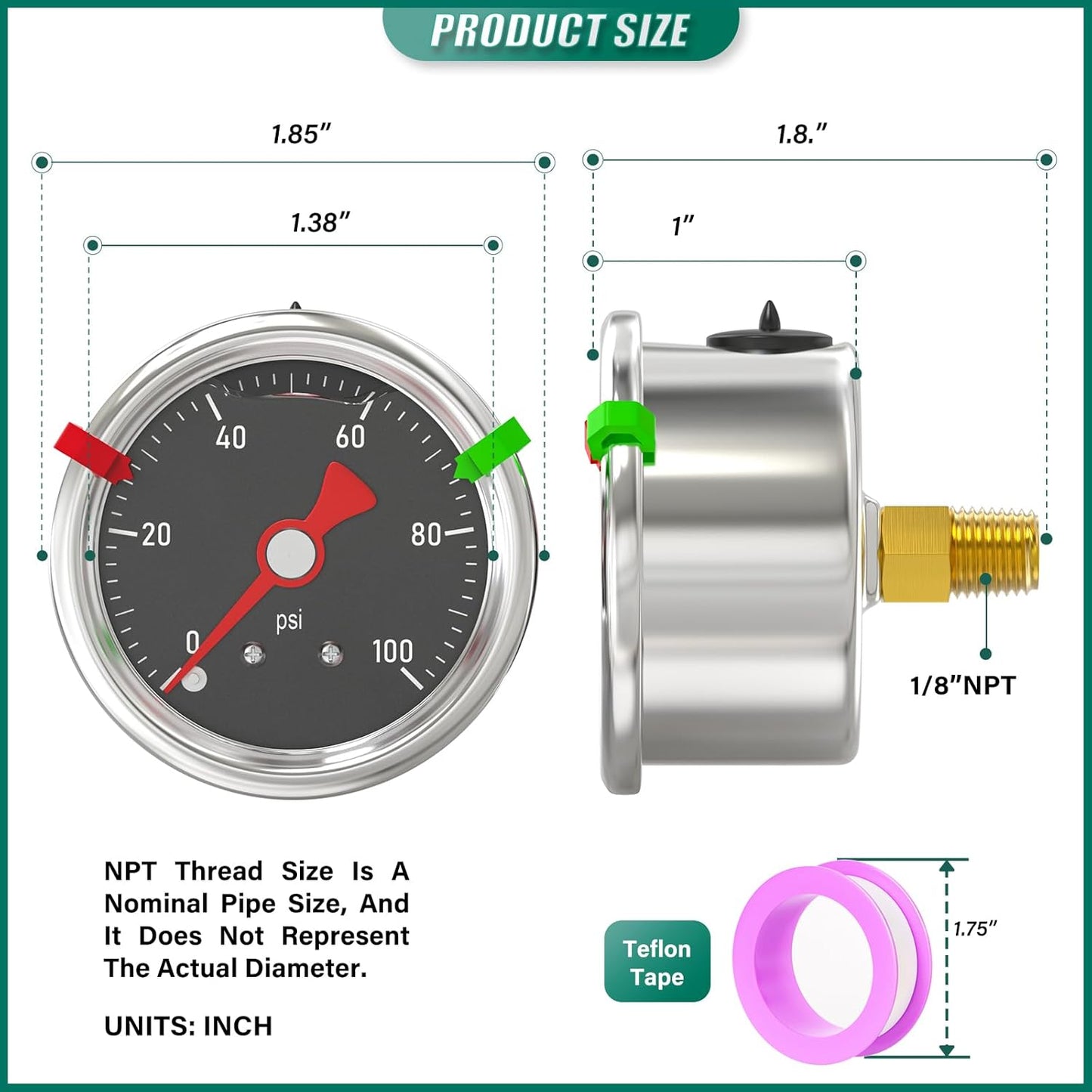 0-100PSI Stainless Steel Glycerin Filled Pressure Gauge 1.5" Black Dial Size, 1/8" NPT Back Mount, for Tube, Water Pump, Gas, Liquid, Pressure Test (with Range Mark Pointer)