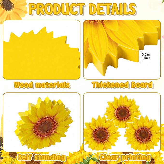 3 Pcs Sunflower Tabletop Decor Set, 0.6” Thick Rustic Wooden Sunflower Cutout - Image 3