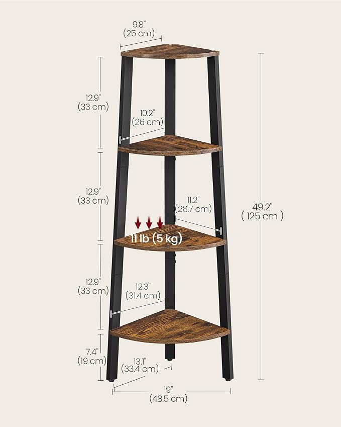 VASAGLE Corner Shelf Stand, 4-Tier Corner Bookshelf, Industrial Ladder Shelf - Image 3