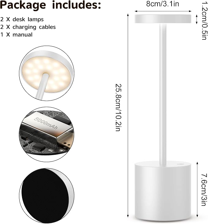 2Pack Cordless Table Lamp, Rechargeable LED Battery 5000mAh Metal USB Portable - Image 7