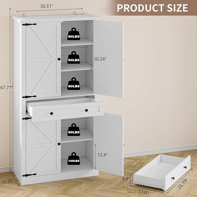 BORNOON Pantry Organizers and Storage Cabinet, 67.7” Barn Door White Kitchen - Image 2