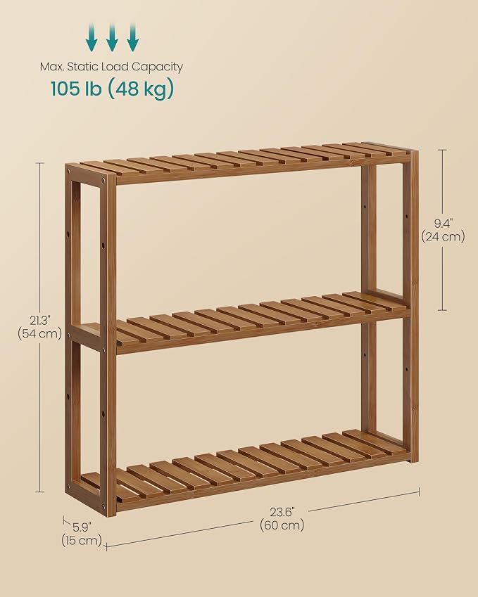 SONGMICS Bamboo Bathroom Shelf, 3-Tier Adjustable Plants Rack, Wall-Mounted or - Image 7