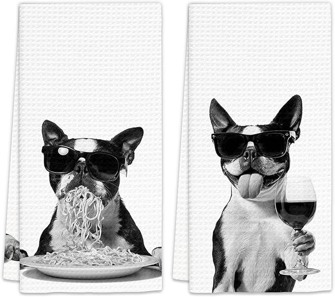 Boston Terrier Gifts Wine Kitchen Towels Set of 2, Funny Boston Terrier Dog by FIicy