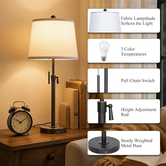 Adjustable Height Table Lamps Set of 2 22-30in Retro Black Brush Gold Modern - Image 4