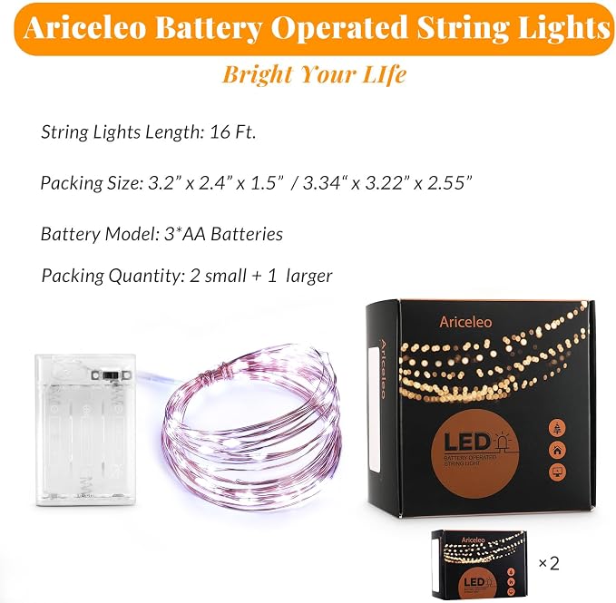 Ariceleo Led Fairy Lights Battery Operated, 2 Packs Mini Battery Powered Copper - Image 2