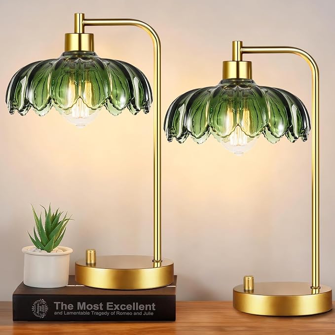 ILLMTW Glass Table Lamp Set of 2, Small Gold Bedside Lamps Dimmable Boho by IlluminateTheWorld