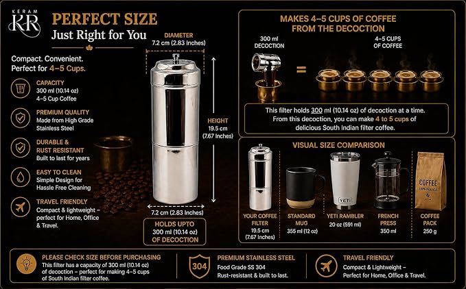 KERAM Indian stainless-steel small-portable coffee filter-drip-maker, 4-5 cup - Image 2