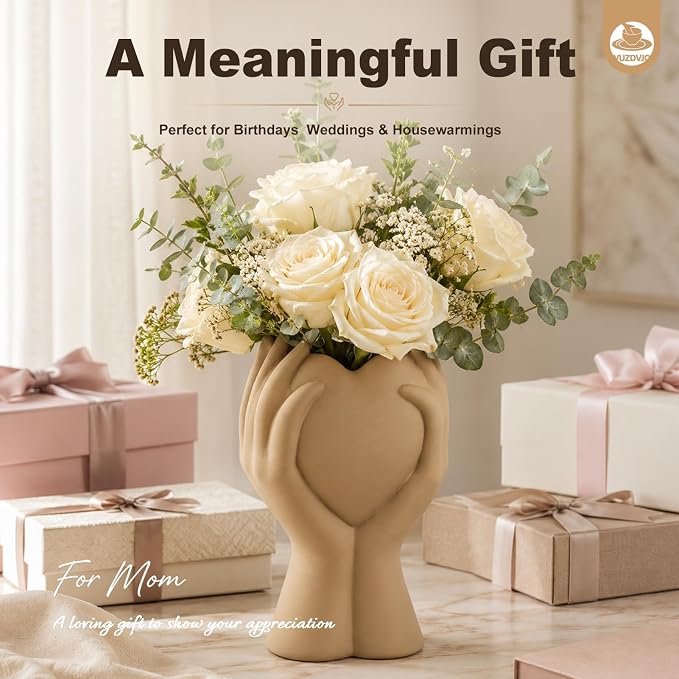 8 Inch Heart Hand Brown Ceramic Vase - Image 7