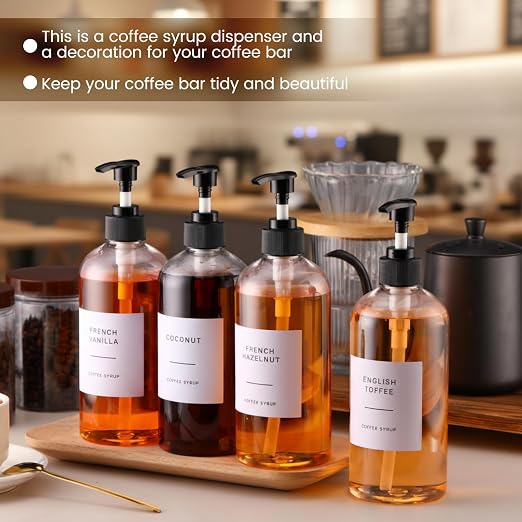 9 Pcs Coffee Syrup Dispenser Set 16.9 Oz/500 ml Plastic Coffee Syrup Dispenser - Image 6