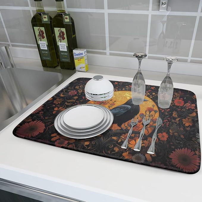 Giwawa Vintage Crow Dish Drying Mat 18"x24" Gothic Black Raven Boho Flowers - Image 6
