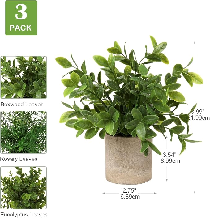 Briful Artificial Potted Plants Set of 3 Small Faux Plant Eucalyptus Mini Fake - Image 2