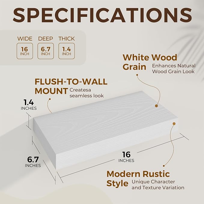 Dreamland 16 Inch Long Floating Shelves in White, 6.7 Inch Deep Floating Shelf - Image 5