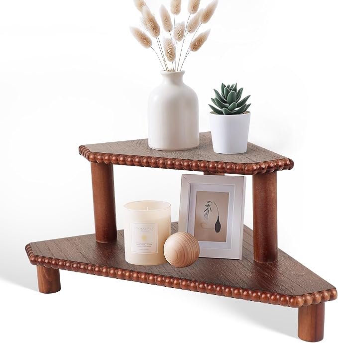 2-Tier Rustic Corner Shelf for Kitchen Counter, Wood Beaded Farmhouse by MITREL