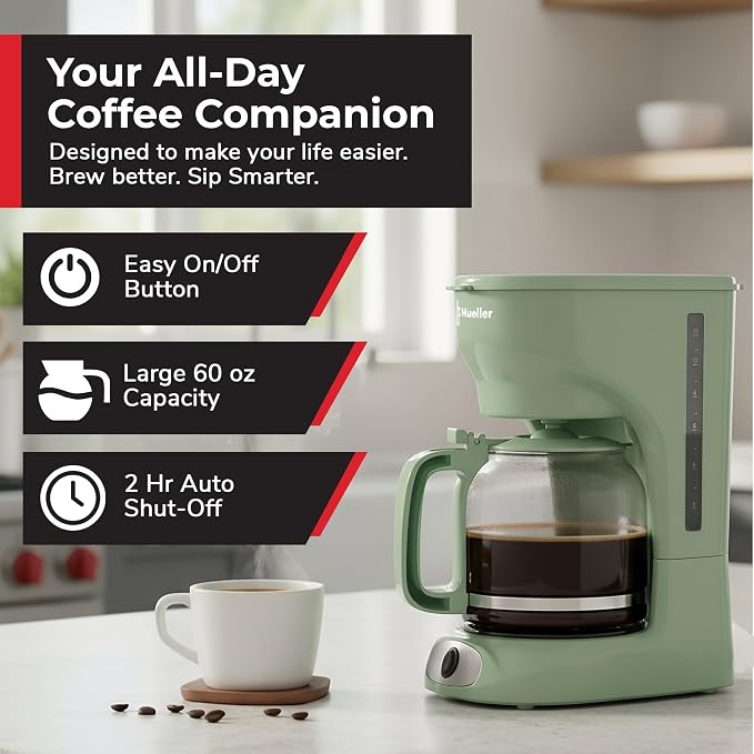 MUELLER HOME 12-Cup Drip Green Coffee Maker, Borosilicate Carafe, Reusable - Image 2