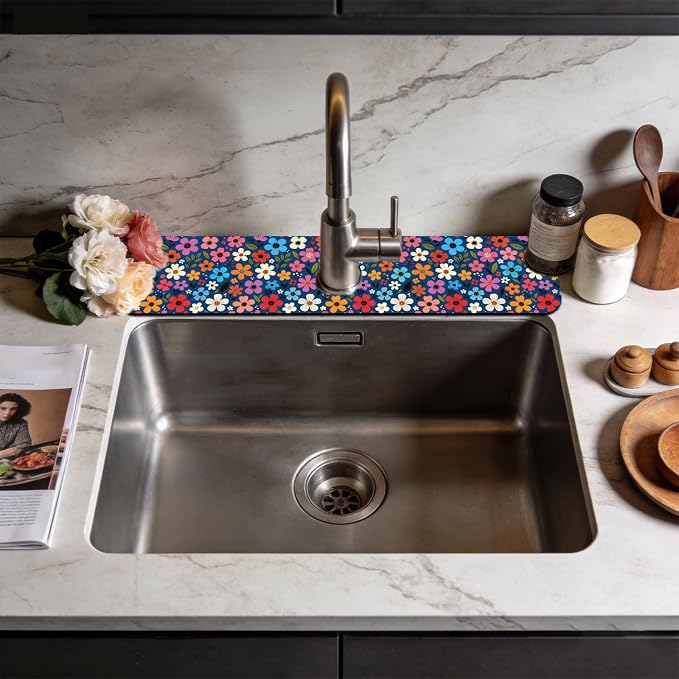 2 Pcs Floral Print Kitchen Sink Splash Guard Faucet Mat Plants Floral patterns - Image 3