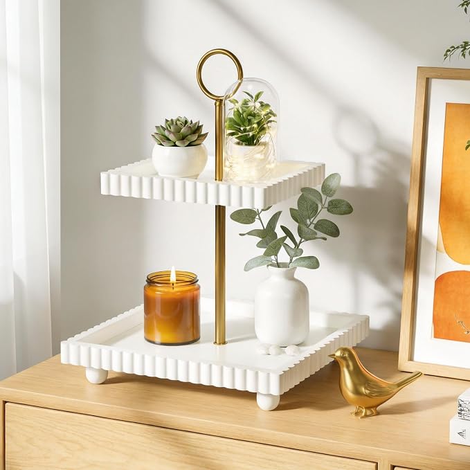 Wooden Two Tiered Tray Stand for Decor, Modern 2 Tier White Rectangular - Image 2