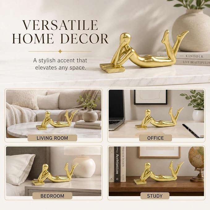 Gold Reading Statue Style B, Abstract Reader Figurine, Resin Book Decor - Image 6