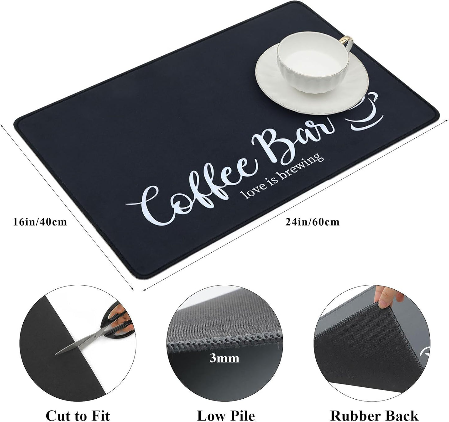 SHACOS Large Coffee Mat 2-Pack 16x24 Inch Absorbent Non Slip Mats for Countertop Bar Accessories Heat Resistant, Black
