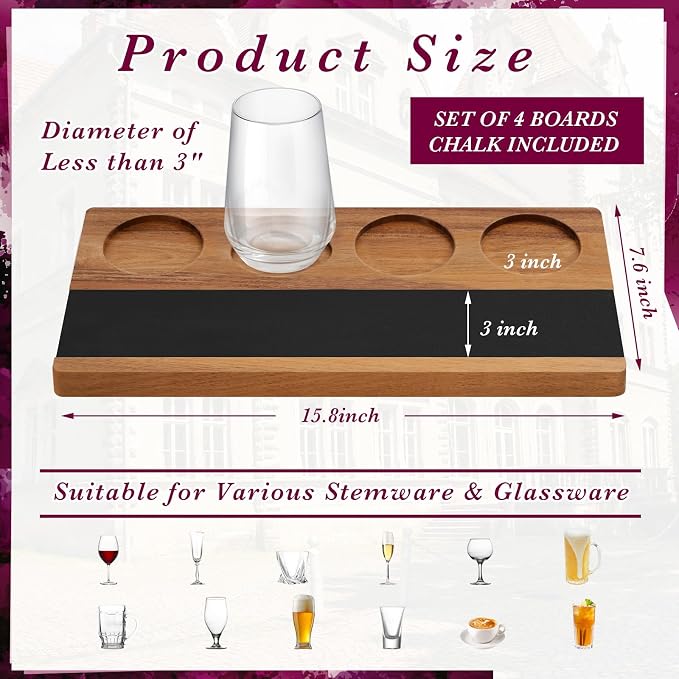 Marsui Wine Flight Tasting Set of 4, Wooden Whiskey Flight Board - Image 2