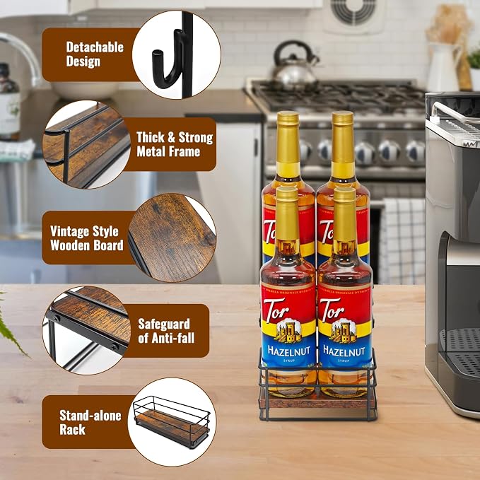 4 Bottle Coffee Syrup Organizer Rack, 2 Tier Coffee Syrup Bottle Stand Holder - Image 5