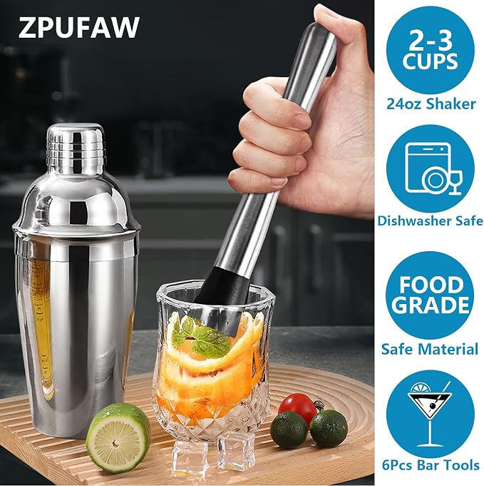 ZPUFAW 6-Piece Cocktail Shaker Set 24oz Shaker Strainer Muddler Jigger Mixing - Image 2