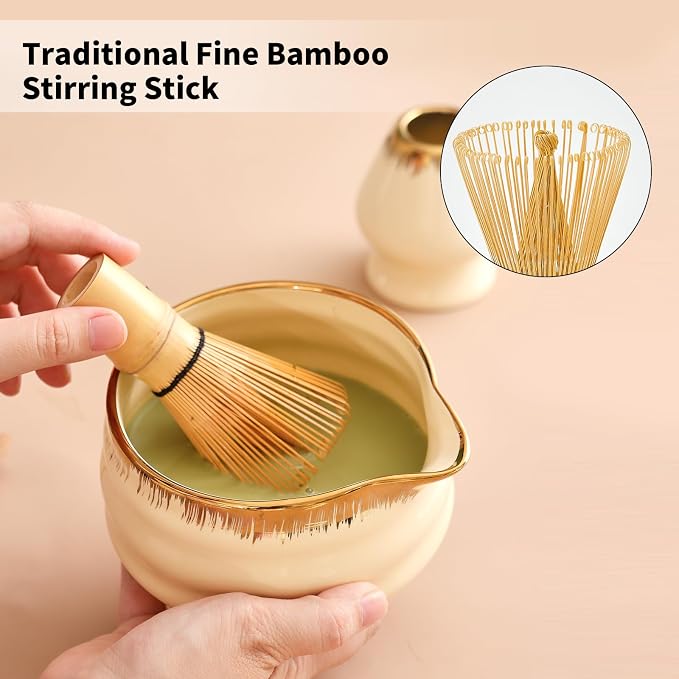7-Piece Matcha Whisk Set – Yellow Spouted Ceramic Bowl - Image 3