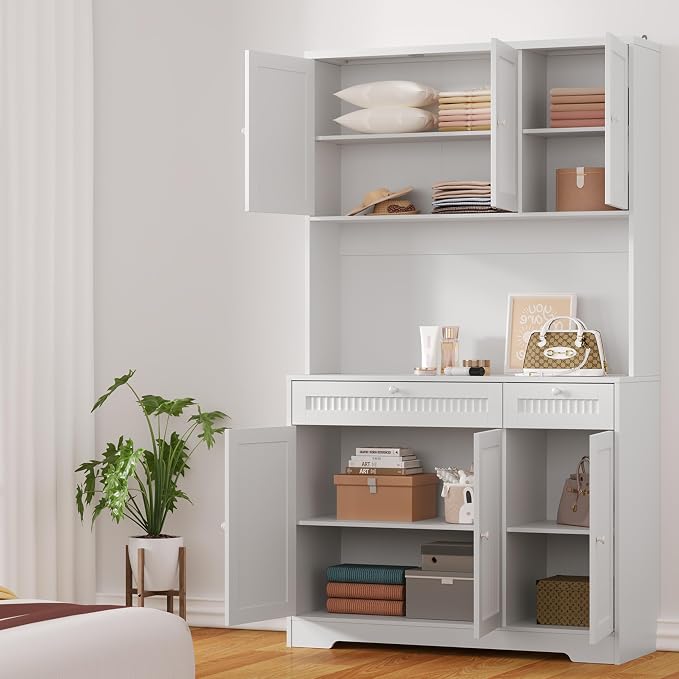 Pantry Storage Cabinet with Charging Station, Kitchen Storage with Adjustable - Image 4
